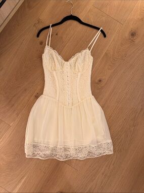 Cream Lace Mini Dress with Corset Bodice